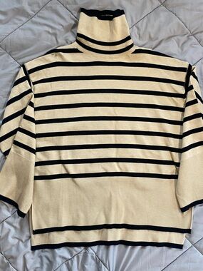Striped Cream and Black Turtleneck Sweater